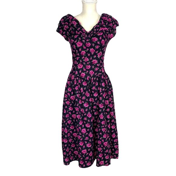 Vintage 90s Black Pink Floral Print Short Sleeve Fit Flare Midi Dress Medium - Picture 1 of 9